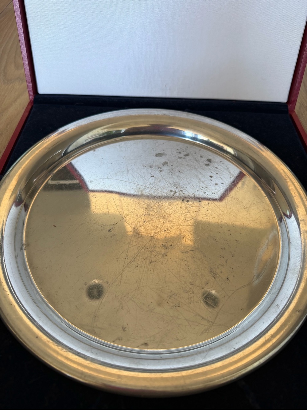 Cartier Silver-Tone Round Tray with Red Presentation Case Pewter